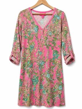 Lilly Pulitzer Dress Medium Pink Floral Pima Cotton Tunic 3/4 Sleeve